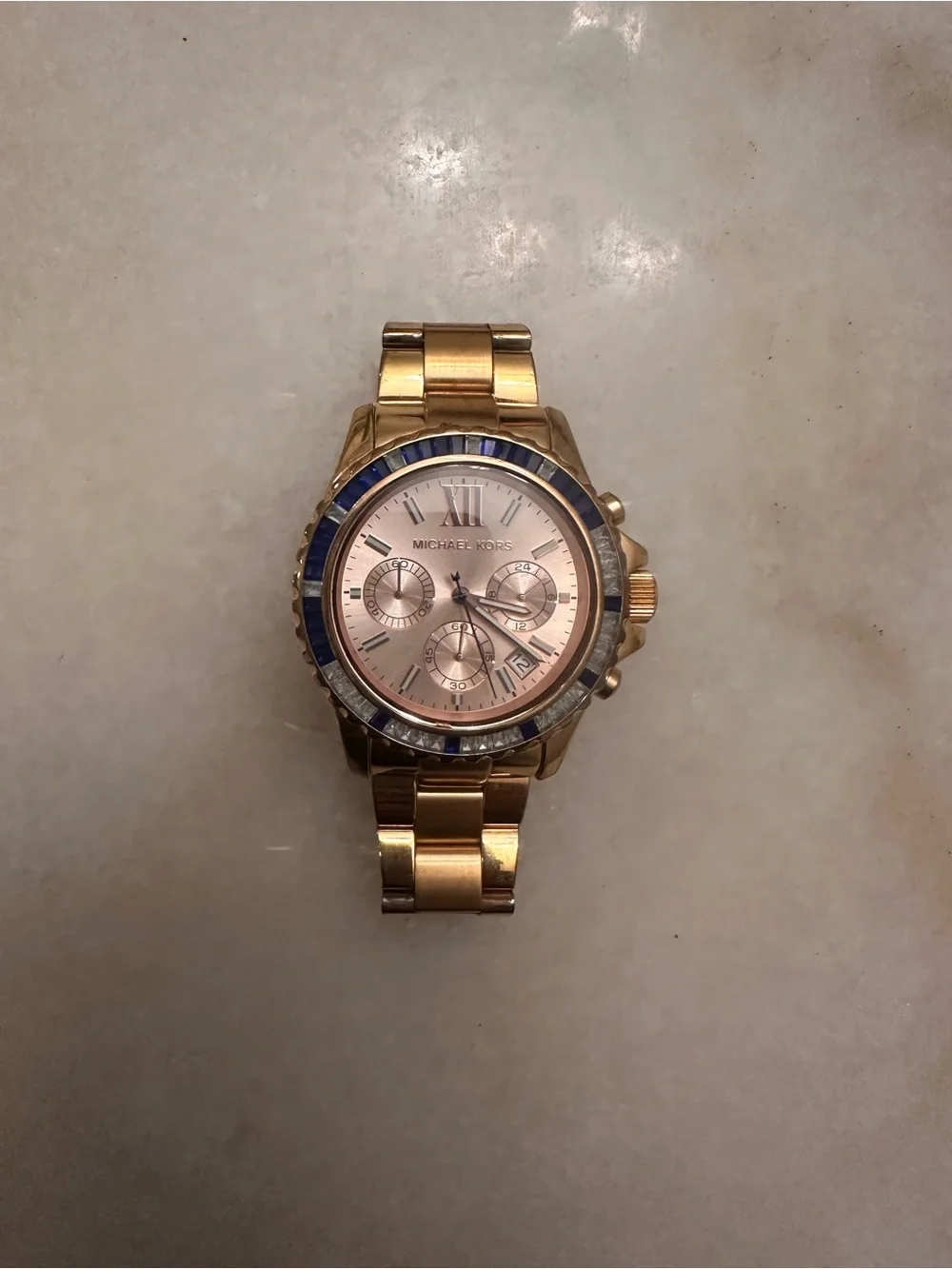 Michael Kors Rose Gold Women's Chronograph Watch with Blue Bezel